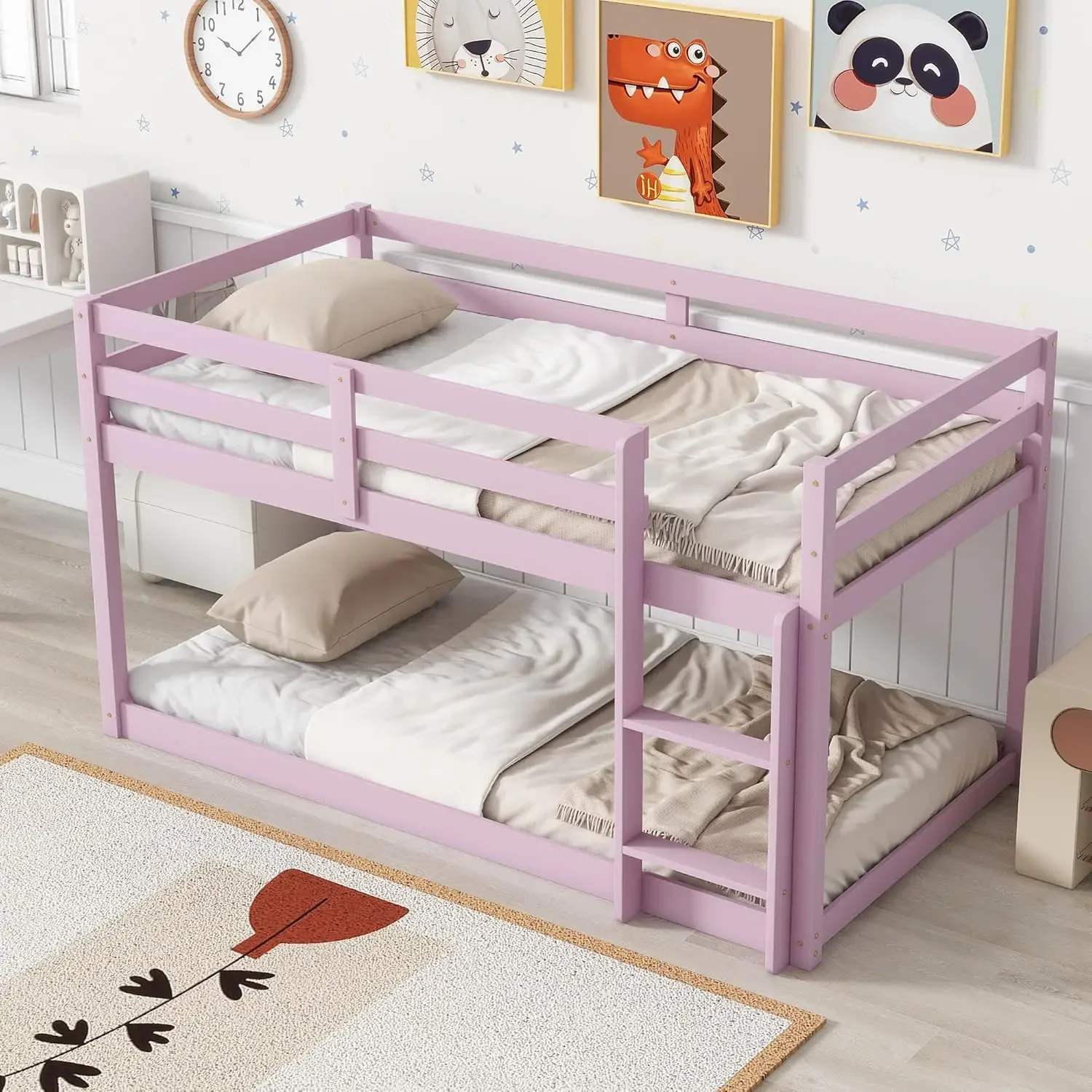 Beliches baixos para crianças, Twin Over, Estrutura para beliche no chão, Cama Loft Júnior para Crianças, Meninos, Meninas, Adolescentes, Rosa