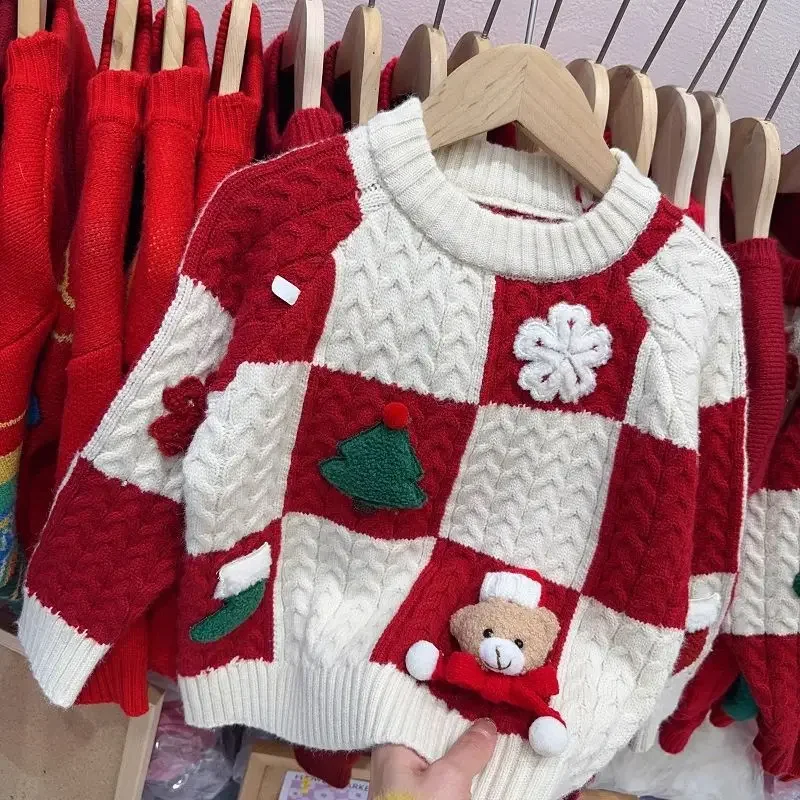 Children\'s Red Plaid Sweater New Year\'s Greetings Autumn and Winter Christmas Knitted Sweater Winter Warm Primer