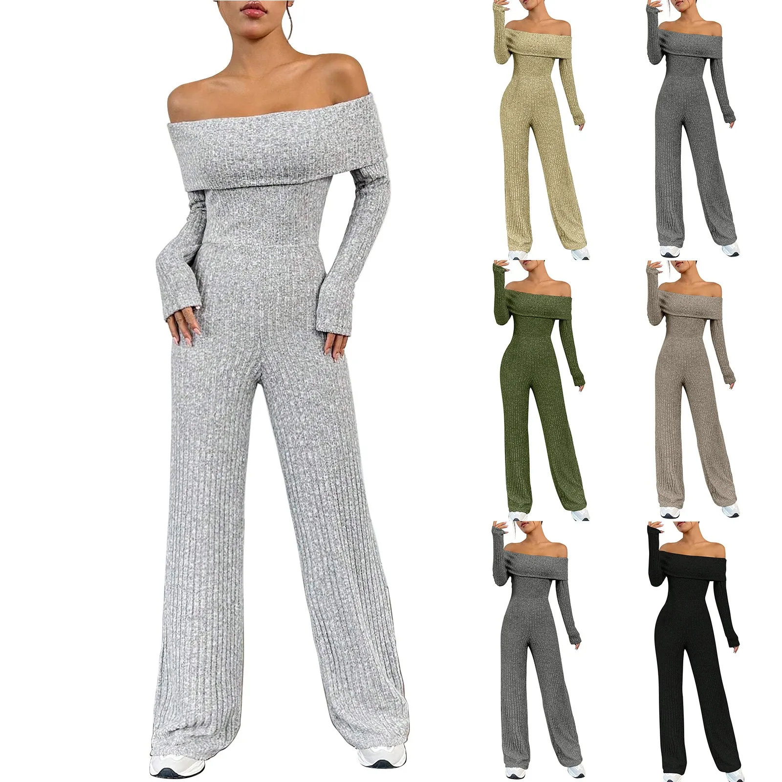 Women'S Ribbed-Knit Jumpsuit Fashion Casual Solid Folded Off-The-Shoulder Jumpsuit Slim Fit Top Loose Wide Leg Bottom Jumpsuit