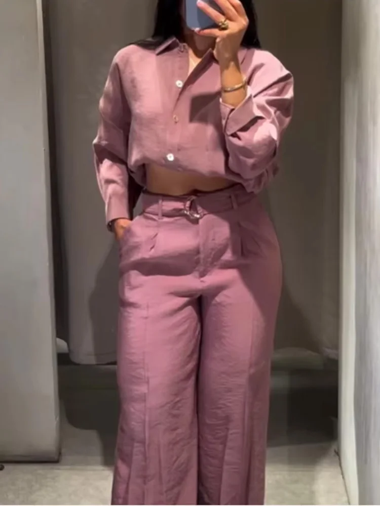 

HH Women Fashion Solid Lapel Long Sleeve Single-Breasted Shirt+Loose Pocket Elastic Waist Belt Pants Drooping 2-Piece Set