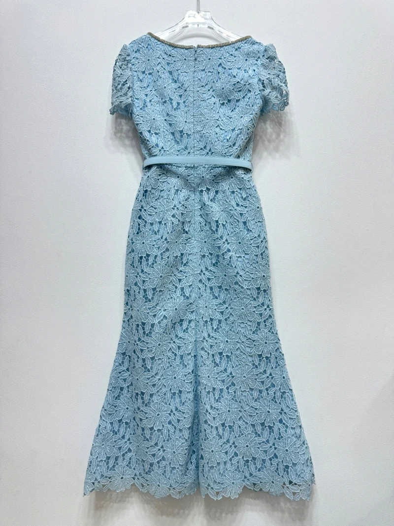 2024 Summer New Arrive Blue Color Women Floral Lace Midi Dress Short Sleeve Square Collor Single Breasted Party Dress With Belt