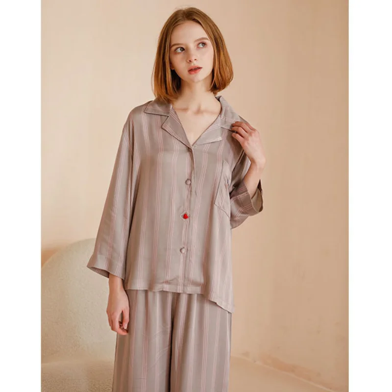 2023 Women\'s Satin Long Sleeve Pajamas Pocket Embroidery Cupid\'s Arrow Trousers Home Suit Viscose Loungewear 2 Piece Nightwear