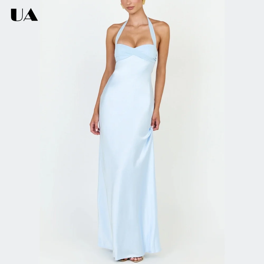 

ULBYANRY Sexy Sheath Backless Prom Dress for Woman, Elegant Satin Halter Evening Dress, Customized Solid Sleeveless Party Dress