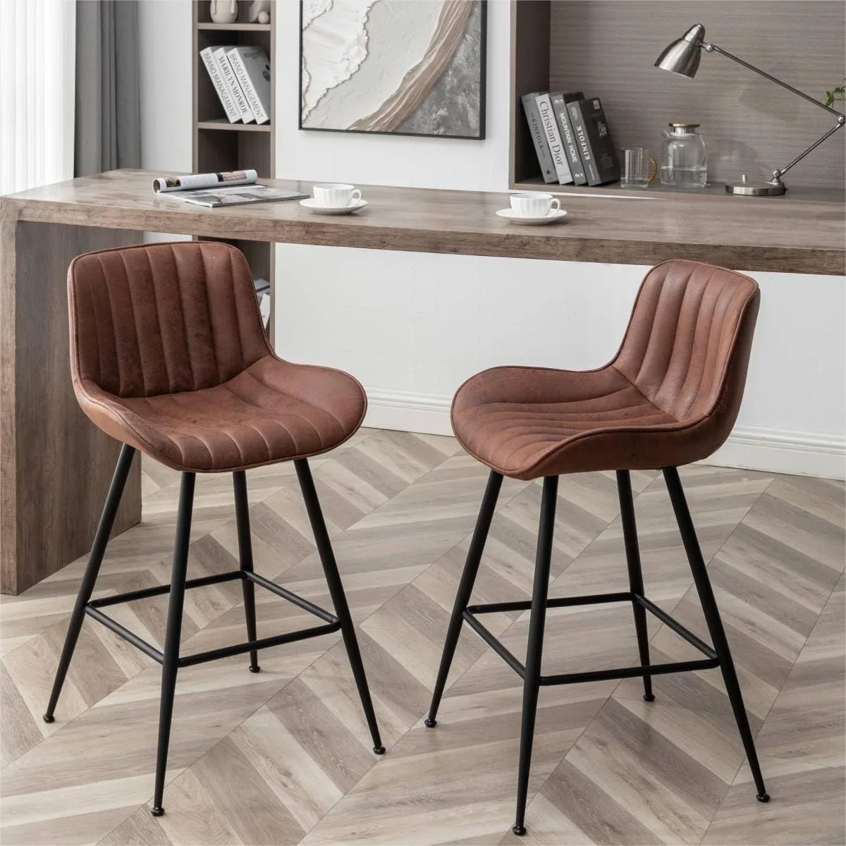 

Fabric Upholstered Bar Stools Set of 2, 24 Inch Bar Height with Armless Design for Home Bar and Coffee Bar