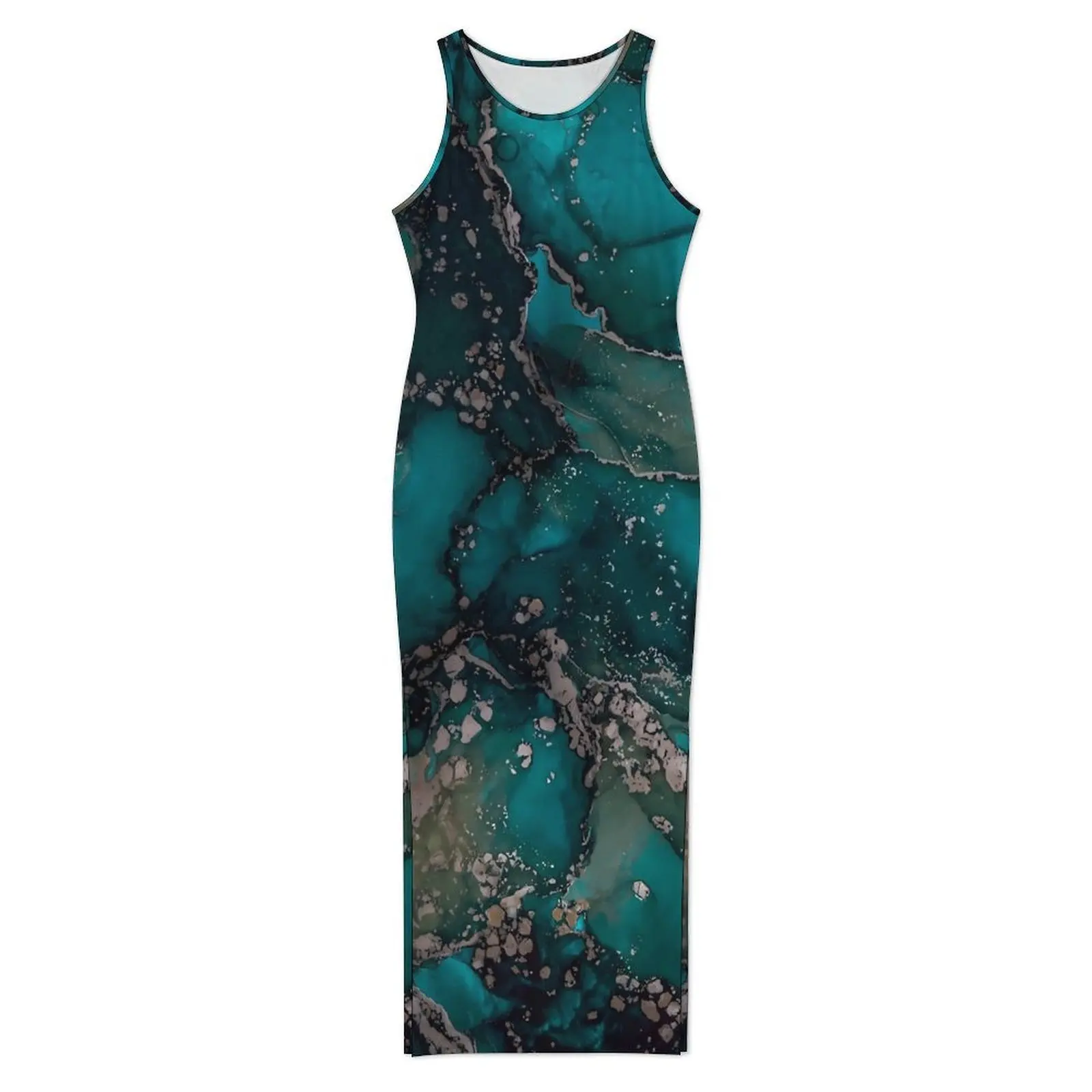 Abstract Moss Print Dress Sleeveless Marble Print Fashion Maxi Dresses Casual Bodycon Dress Womens Graphic Oversized Vestidos