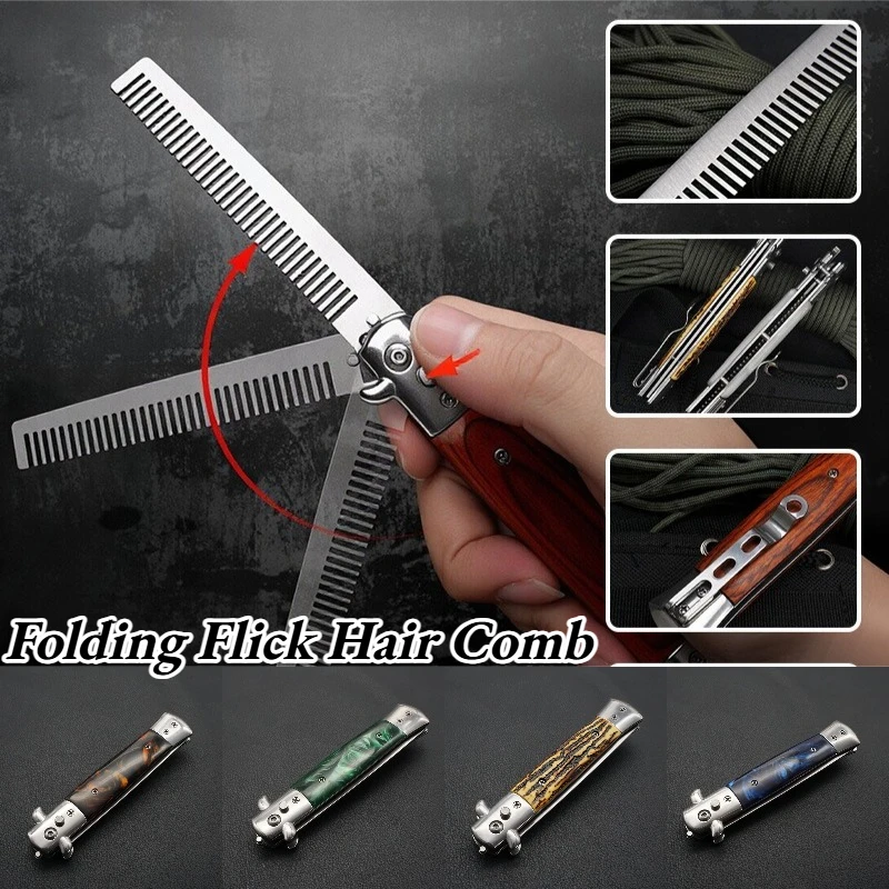 1pcs Folding Flick Hair Comb For Beard Mustache Hair Mens Pocket Comb Stainless Steel Brush Salon Beauty Tool Training Dog Com