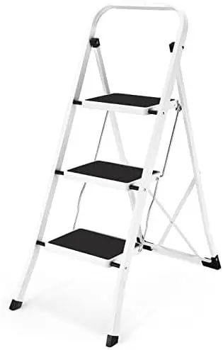 Lightweight 3-Step Folding Ladder with Anti-Slip Pedal and Handrails, 330 lbs Capacity for Kitchen & Household Use, White