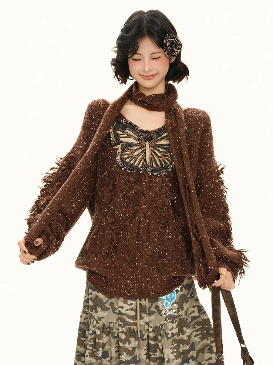 2025 خريف شتاء جديد الأمريكية الرجعية فراشة التصحيح التطريز سترة برقبة على شكل v المرأة فضفاضة عادية البني محبوك سترة #3