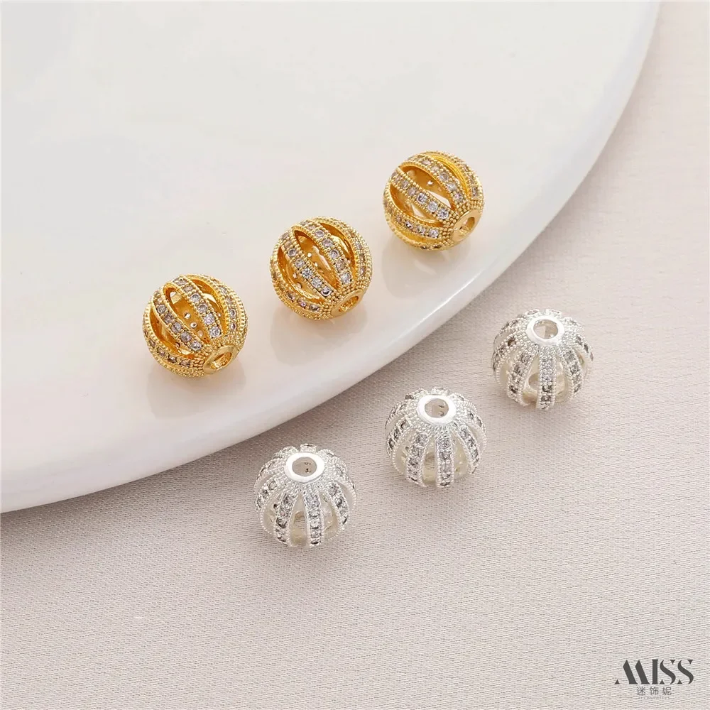 

14K Gold Color Micro-inlaid Zircon Rich Woman Ball Hollow Watermelon Bead Diy Bracelet Necklace String Jewelry Accessories