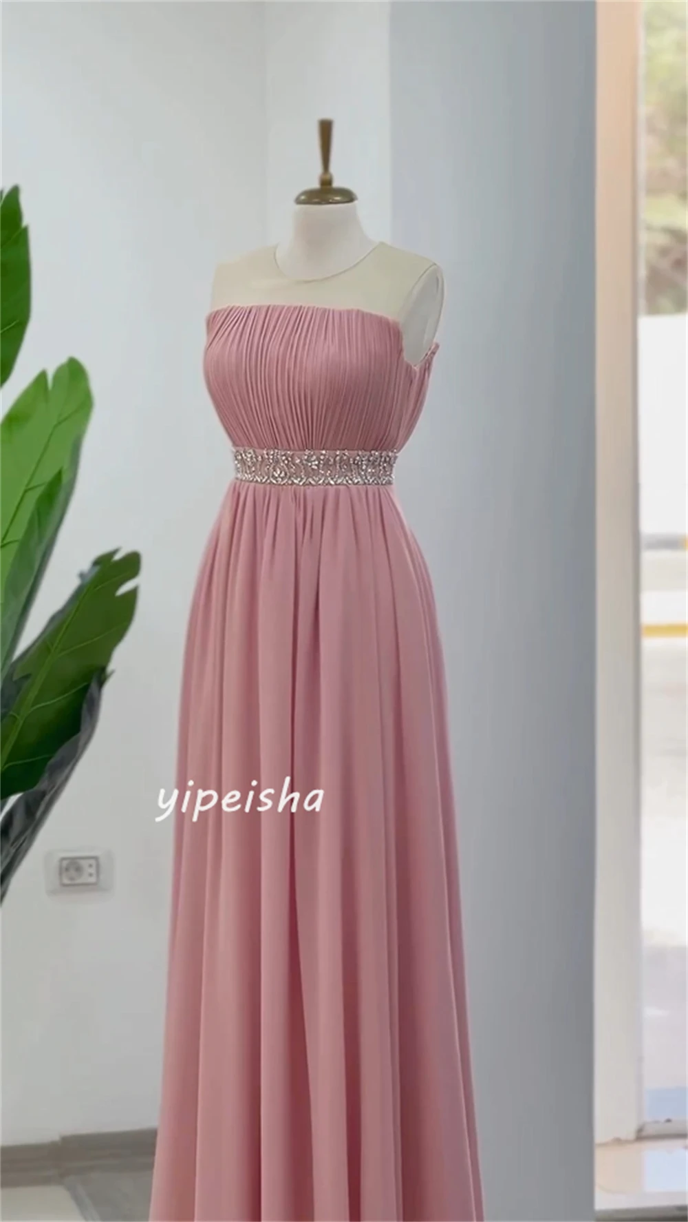 Casual Classic Chiffon Pleat Ruched Draped Rhinestone Sequined A-line Strapless Long Dresses Celebrity Dresses Modern Style