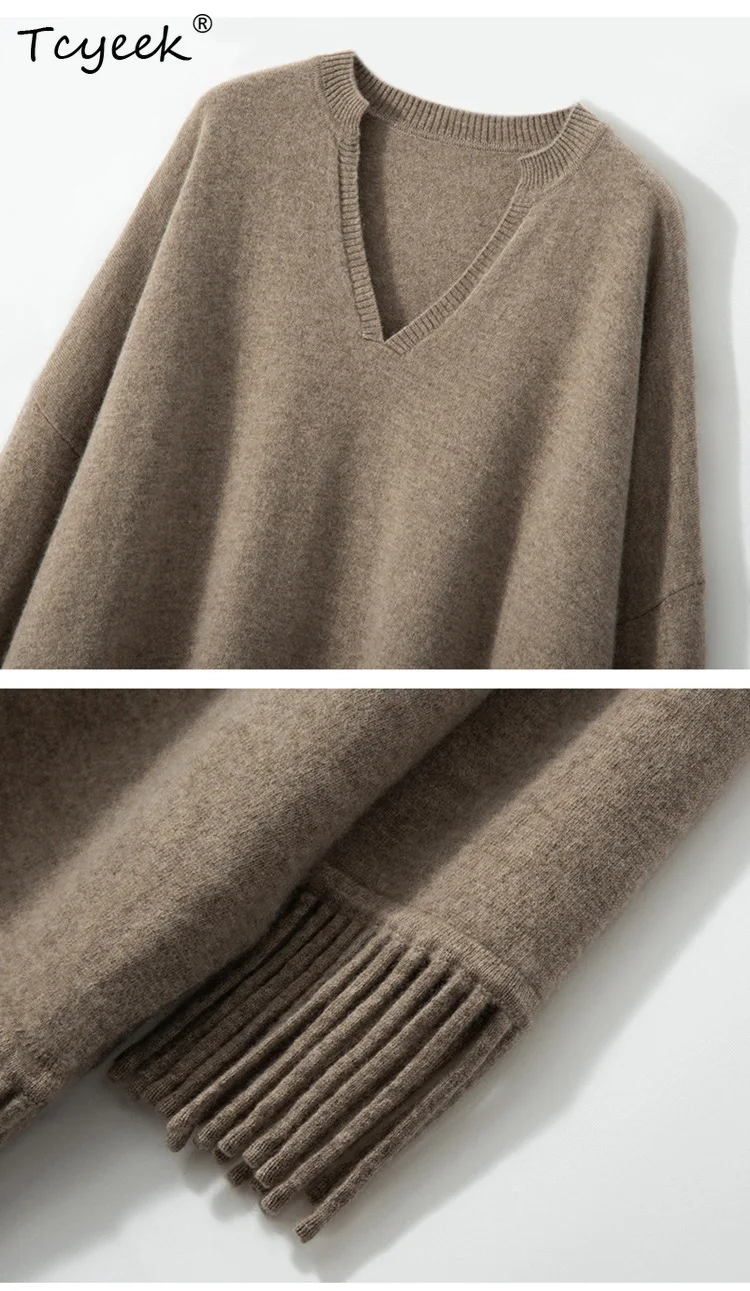 Tcyeek, 12Gขนสัตว์แคชเมียร์หลวมเสื้อกันหนาวผู้หญิงVคอTassels, Casualแฟชั่นPullover, 2024 ฤดูใบไม้ร่วงฤดูหนาวใหม่T48758QM