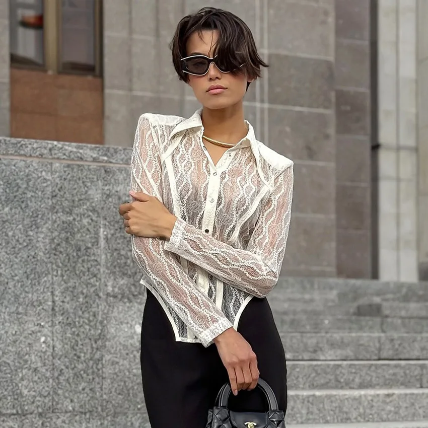 Linad مثير شير الأبيض التطريز البلوزات امرأة الخريف الشارع شيك كم طويل قميص وبلوزة 2025 أنيقة بلوزات من الدانتيل الإناث