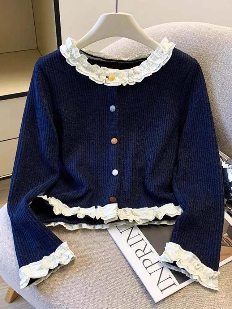 Sweet Style plus Size Women's Shirt Long Sleeve Short Length round Neck Cardigan Breathable Comfortable Korean Version Office...