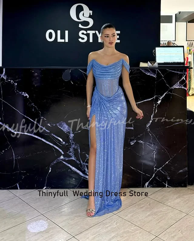 Thinyfull zeemeermin off-shoulder galajurken mouwloze glitter avondjurk 2025, split formele jurk robes de soirée op maat