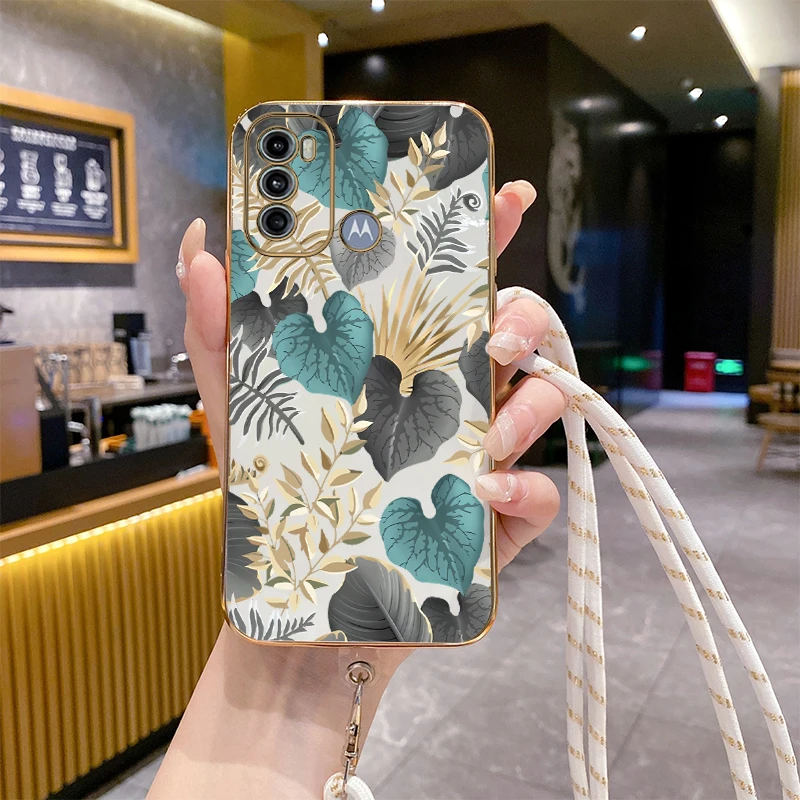 G60 Green Plant Luxury Plating Phone Case For Motorola Moto G60 G13 G23 G82 G30 G50 G42 G52 G73 G72 G22 G62 G60S G84 G24 Cover