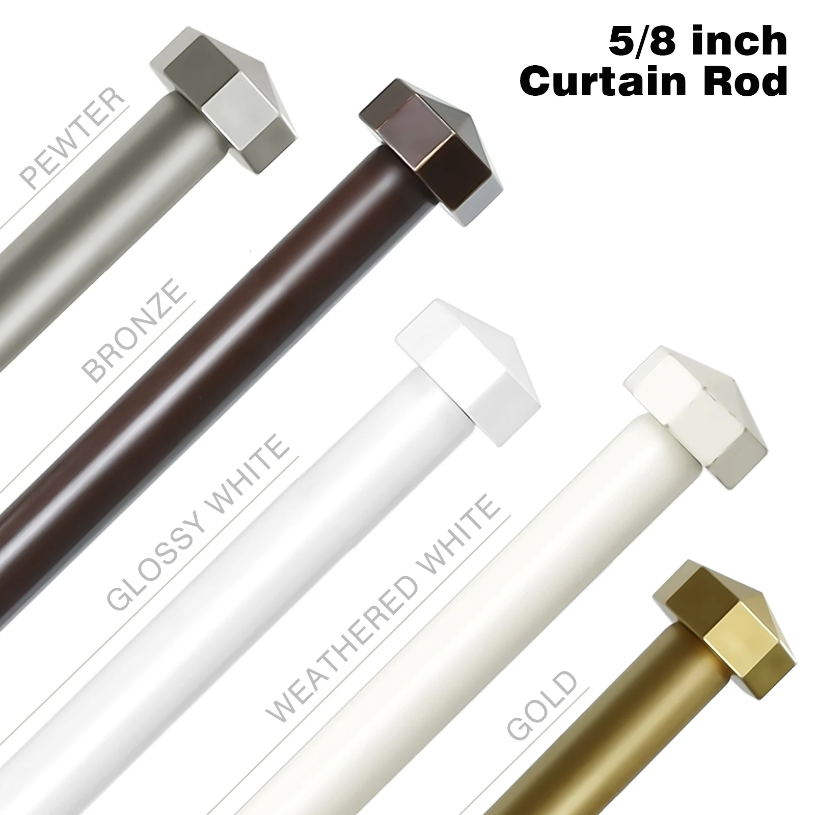 5/8" Diameter Adjustable Double Curtain Rods with Octagonal Finials, 28"-48"/48"-84"/84"-120"