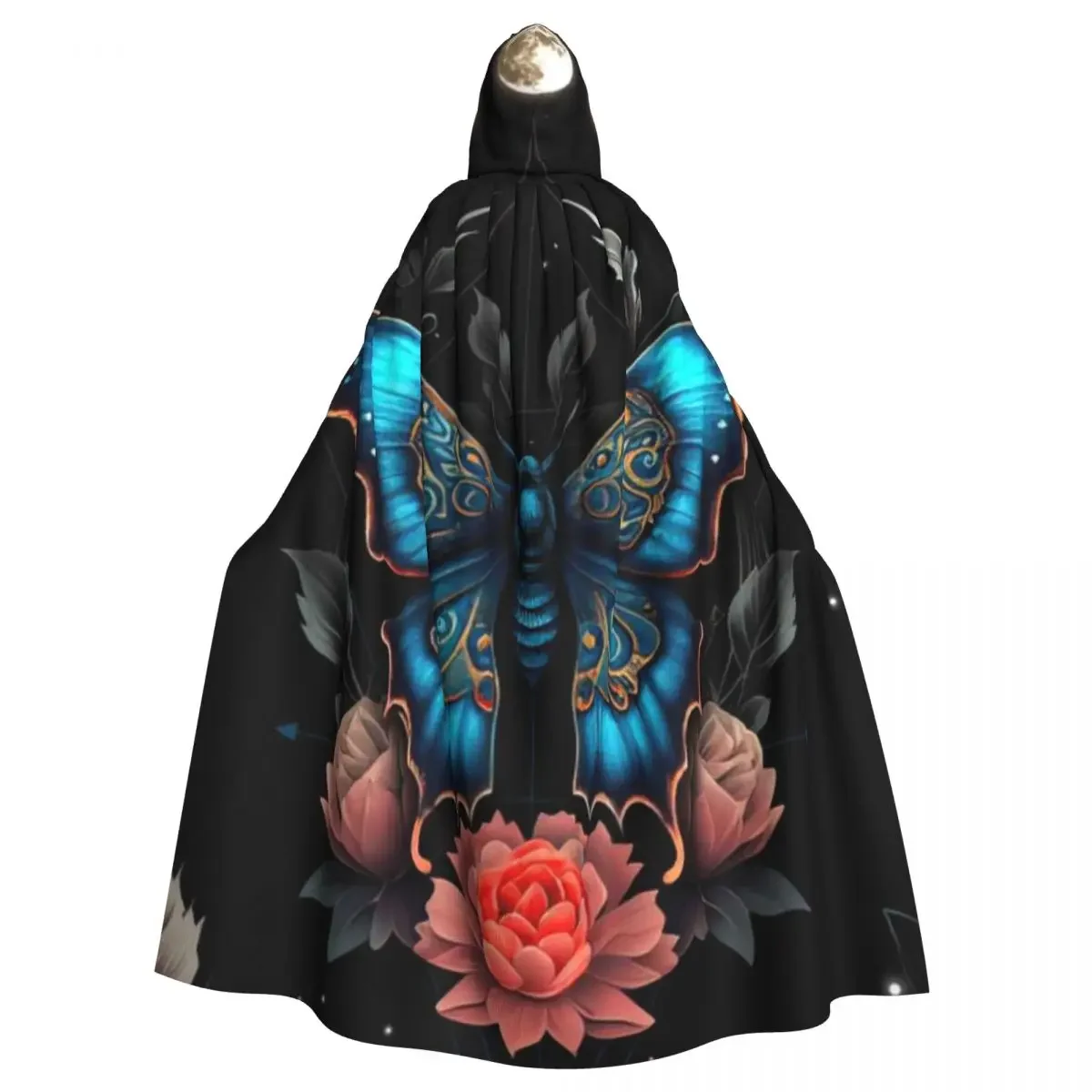 Lunar Moth Tattoo Hooded Cloak Halloween Party Cosplay Woman Men Adult Long Witchcraft Robe Hood