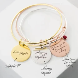 Engraving Custom Name Bangle Women's Jewelry Personalized Round Pendant Stainless Steel Charm Couple Bracelet Birthday Gift
