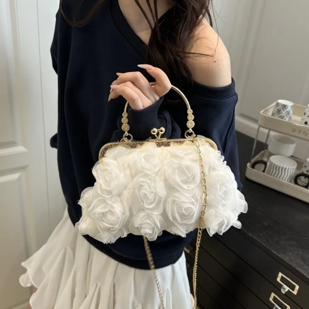 

Portable Chiffon Evening Banquet Bag Chain 3D Kiss Lock Shoulder Bag Large Capacity Flower Crossbody Bag Party