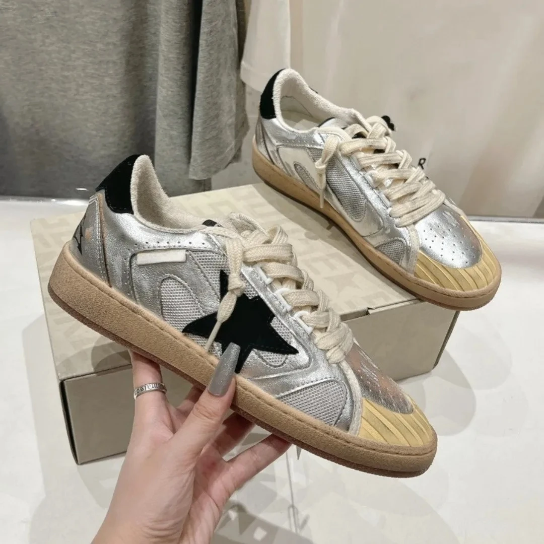 

Винтажные грязные туфли на шнуровке, новинка 2025, модный крутой повседневный стиль, потертая сетка из воловьей кожи со звездами, дышащая обувь с резиновым носком