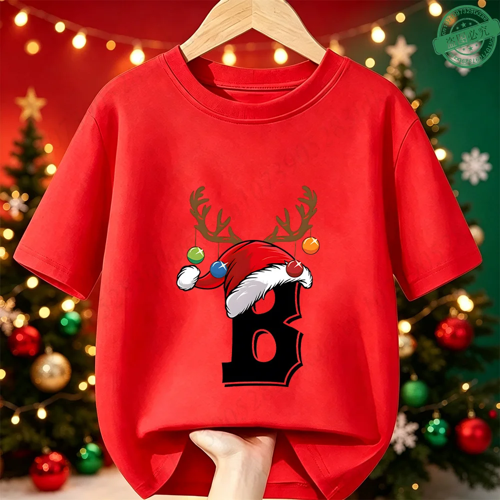 Cotton Kids Christmas T‑Shirt Santa Hat Antlers A‑Z Letter Holiday Print Short Sleeve Boys Girls X‑mas Party Children's Tee