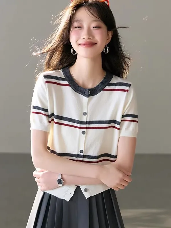 Retro Striped Short Sleeve Knitted Open Cardigan Women's Summer 2026 New High Fashion Slim round Neck Top Quality Chinese Pro...