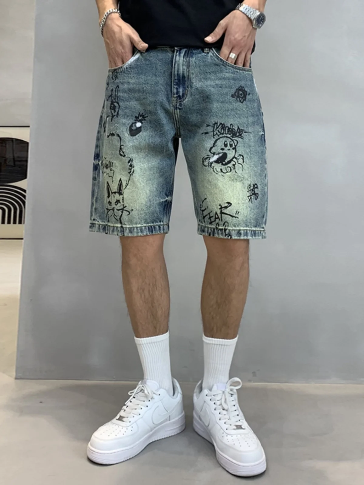 

Cartoon Print Loose Fit Men's Denim orts Five-Quarter Casual Straight Leg Jeans mid Waist Zipper Closure Summer New Sle