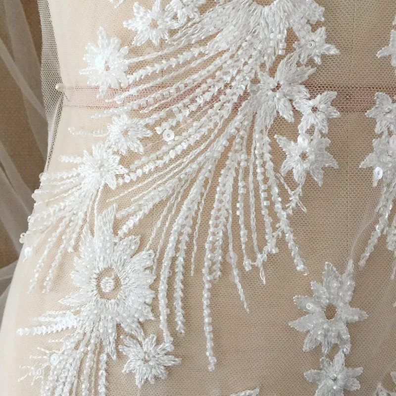 Large Size Off - white 3D Beaded Lace Flower Pairs for DIY Handmade Bridal Jewelry Accessories