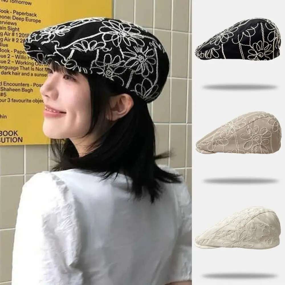 Fashion Retro Forward Cap Casual Versatile Korean Style Beret Flower Embroidery Sweet Spicy British Hat For Lady Girl