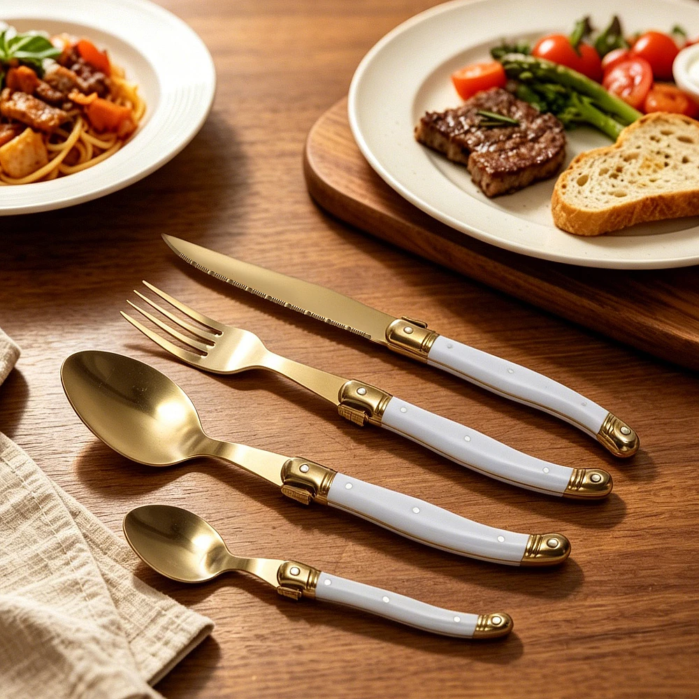 Jaswehome 3/4pcs Laguiole Gold Cutlery Set Stainless Steel Steak Knife Salad Fork Spoons Luxury Kitchen Dinnerware Gift Flatware