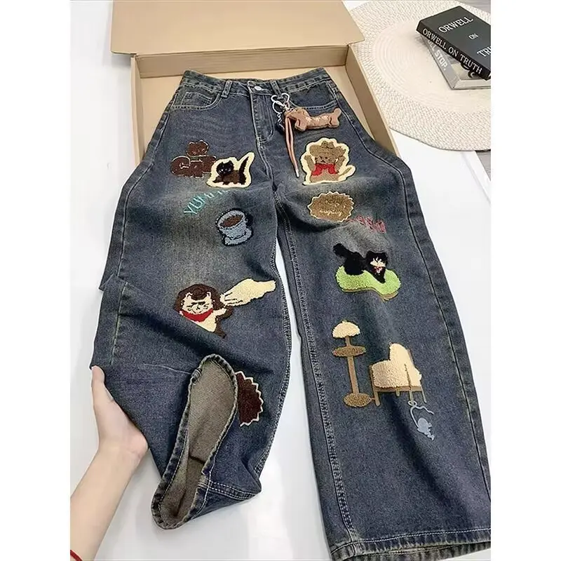 

Ретро-джинсы в американском стиле с вышивкой и пэчворком, свободные, широкие, прямые, повседневные, для мужчин и женщин, весенний сезон