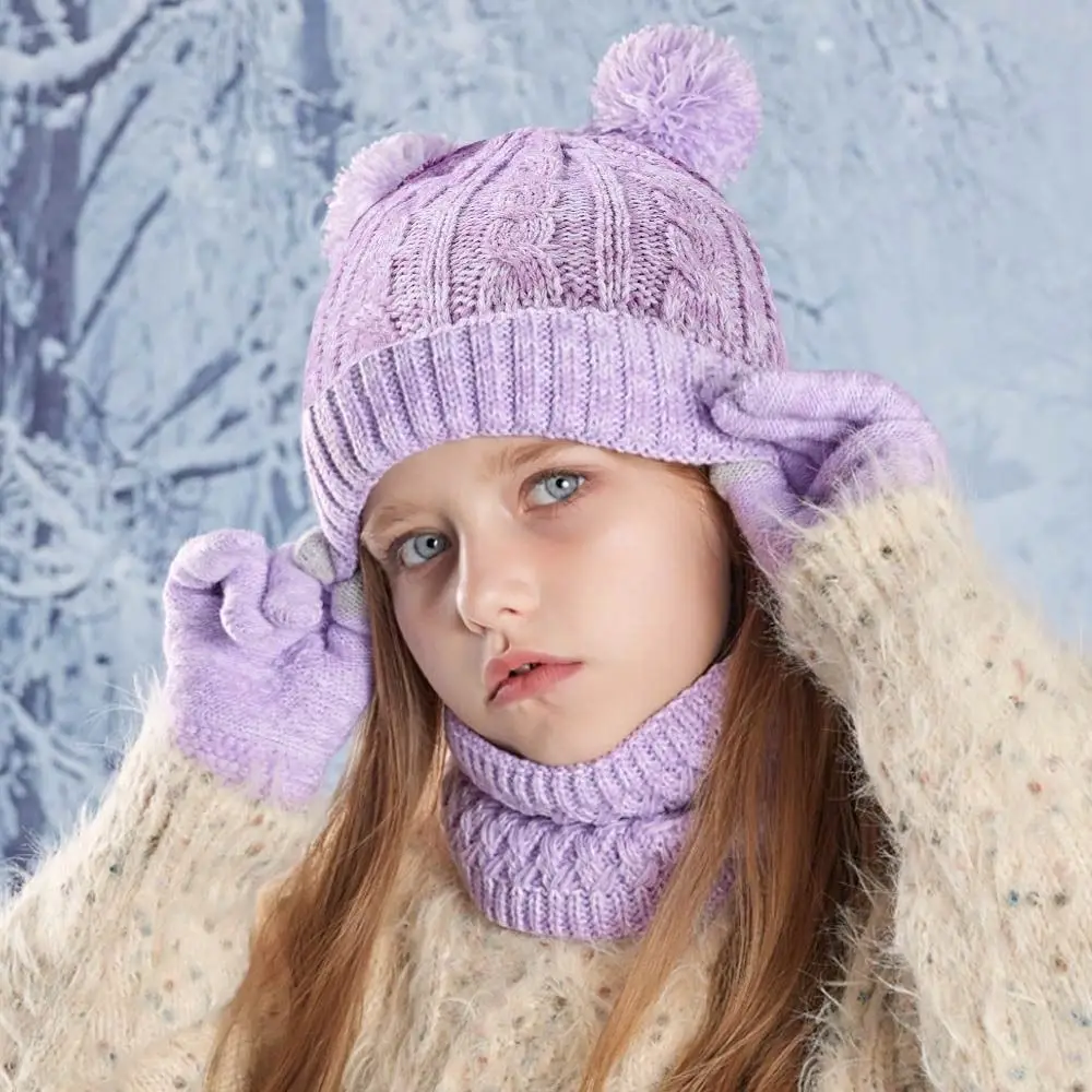 

Fashion Warm Winter Hat Scarf Gloves Set Windproof Pompom Knitted Hats Soft Thicken Beanies Hat Children's