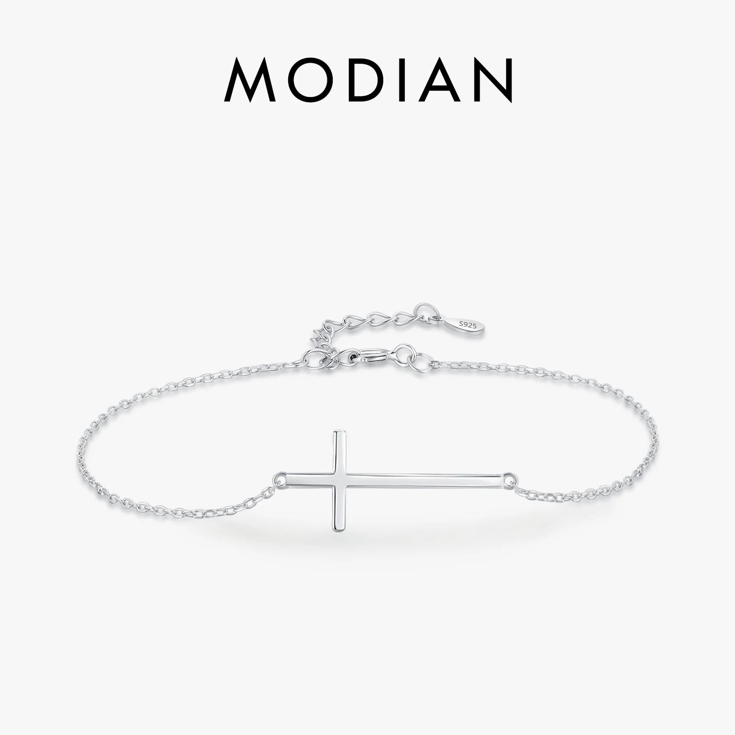 Modian 100% 925 Sterling Silver Klasyczny prosty krzyż Religijne regulowane bransoletki Łańcuch dla kobiet Drobna biżuteria Akcesoria