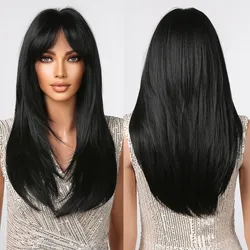 Long Black Straight Synthetic Wigs with Bangs Natural Layered Hair Wigs for Afro Women Daily Cosplay Party Heat Resistant Fiber