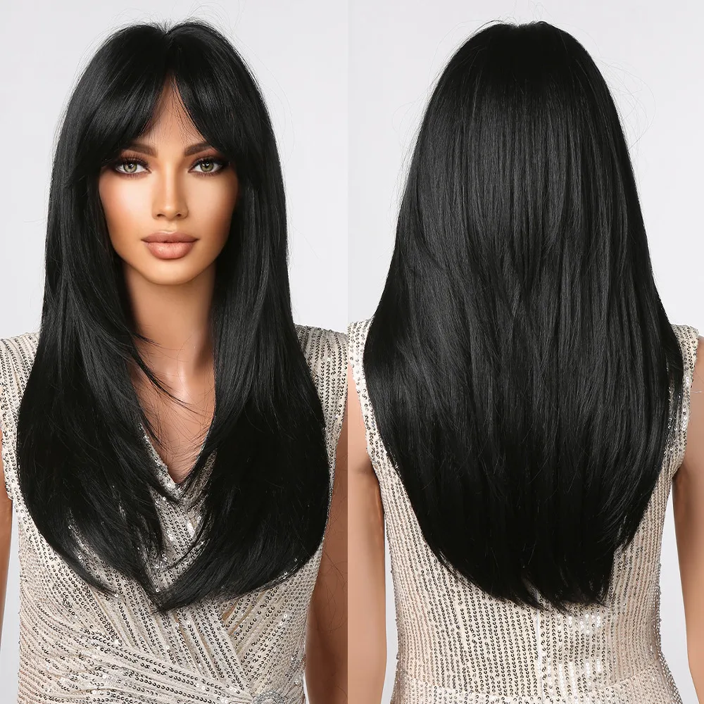 Natural Black Synthetic Wigs With Bangs Straight Layered Fake Hairs for Women Daily Party Use Cosplay Heat Resistant