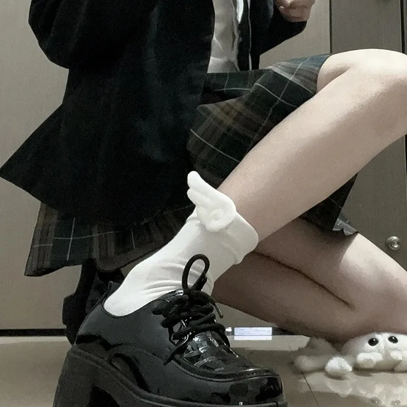 Kawaii Angel Wings Lolita Mid‑Tube Socks for Women Girls Soft Solid Cotton Plush Skin Friendly Cute Japanese JK Calf Stockings