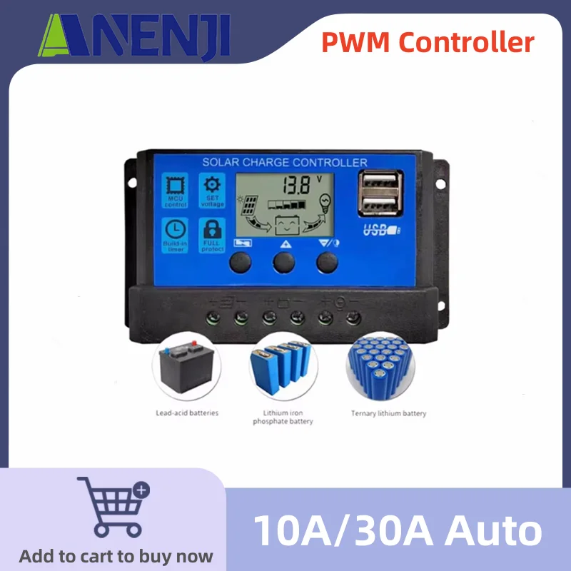 Solar Charge Controller PWM 10A 30A 12V24V Auto Battery Charge Regulator PWM Controller LCD Dual USB For Solar Panel PV House