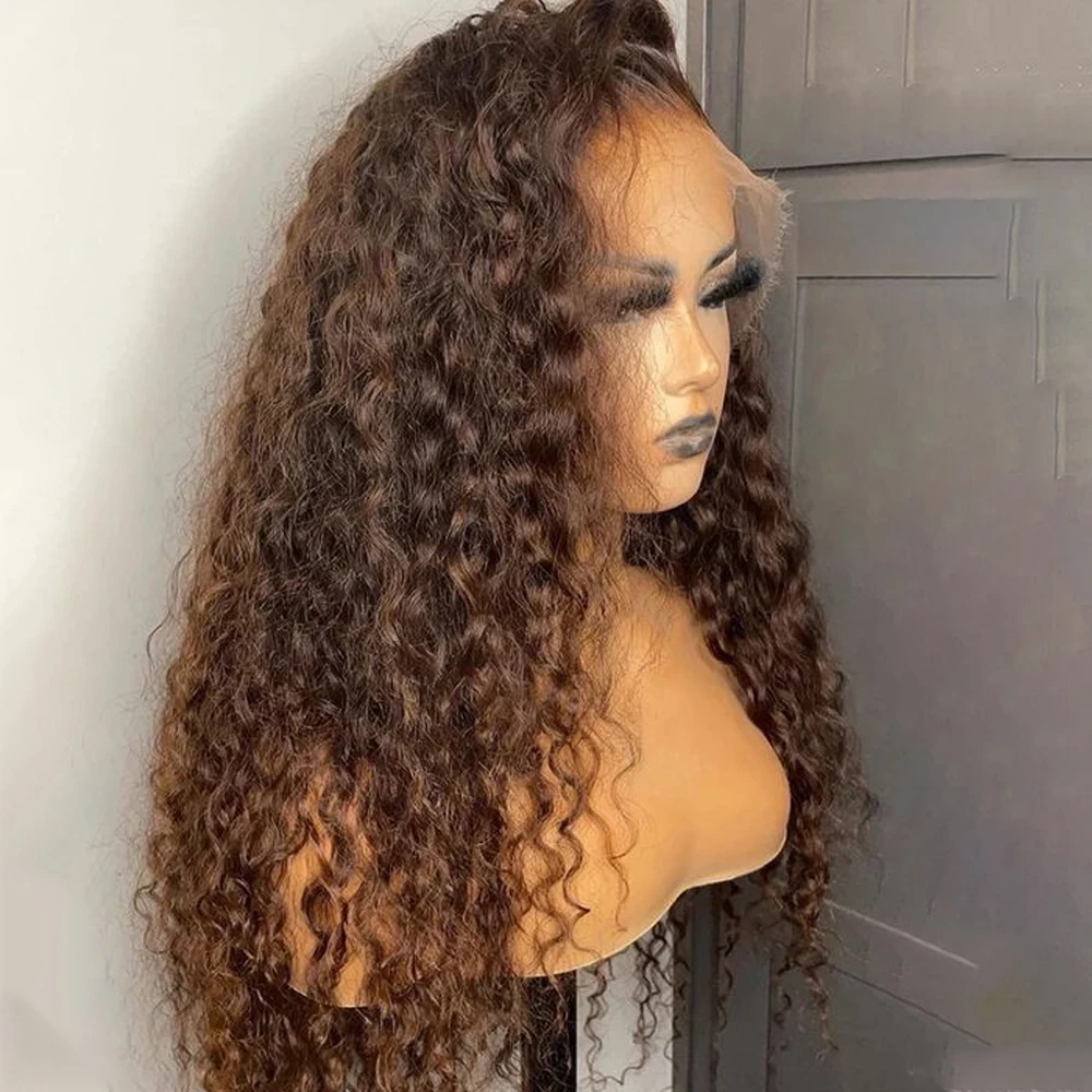 

Water Wave Lace Front Wig Chocolate Brown Curly Wig Pre Plucked with Baby Hair Dark Brown Curly Lace Frontal Wig For Black Women
