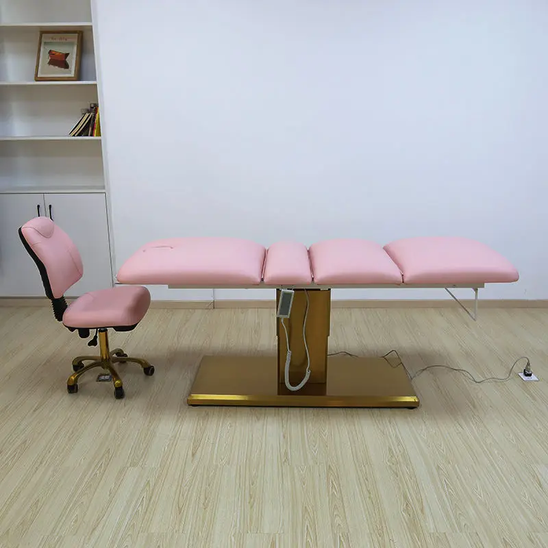 Pink Electric 4-Motor Facial Massage Bed With Gold Metal Base And Adjustable Height For Beauty Salons