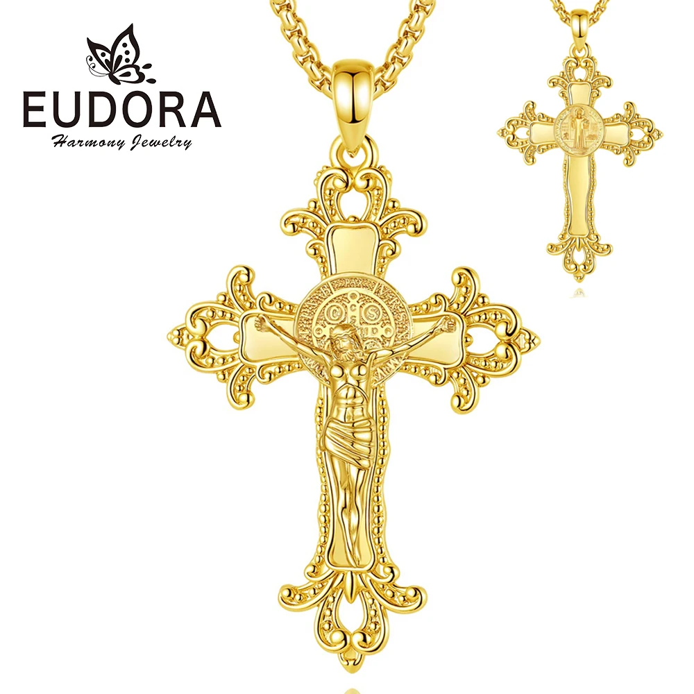 

Медный крест-распятие Eudora с подвеской Иисуса для мужчин и женщин, кулон Святого Бенедикта, христианские католические украшения, изысканный подарок
