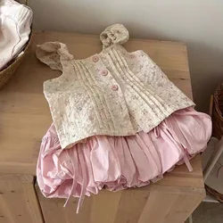 Girls' Summer Clothes Set 2025 New Korean Style Children's Fashion Floral Print Vest+ Skirt for Girls Baby Fashion Two Piece Set