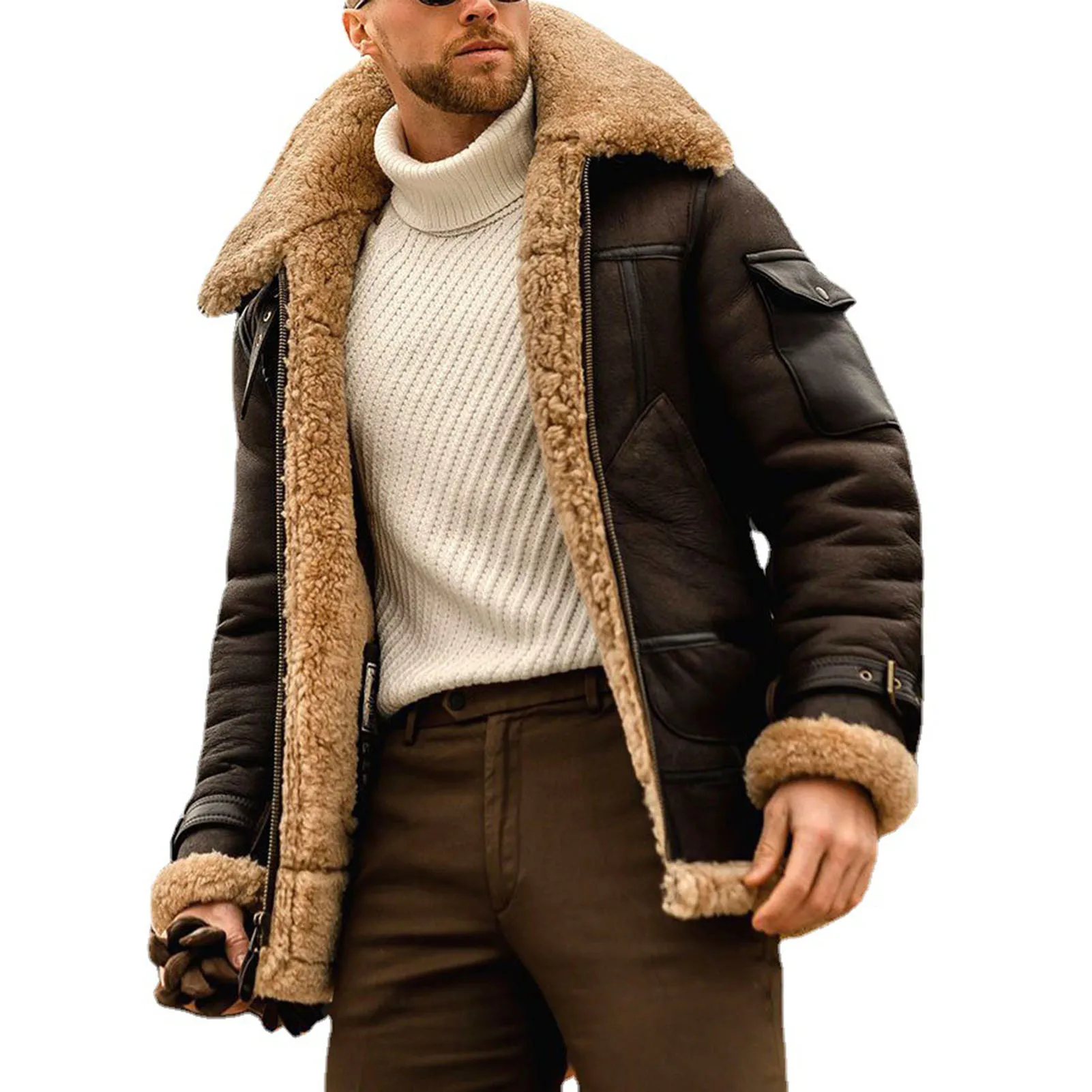 2022 men\'s Faux Leather Trendy Coat Winter Warm Wool Fur Shearling Jacket Thickened Lapel Casual Fashion Clothes