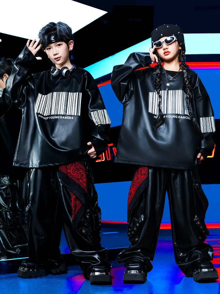 

Kid Kpop Hip Hop Clothing Black Faux Leather Sweatshirt Casual Strap Rivet Cargo Pants for Girl Boy Street Dance Costume Clothes