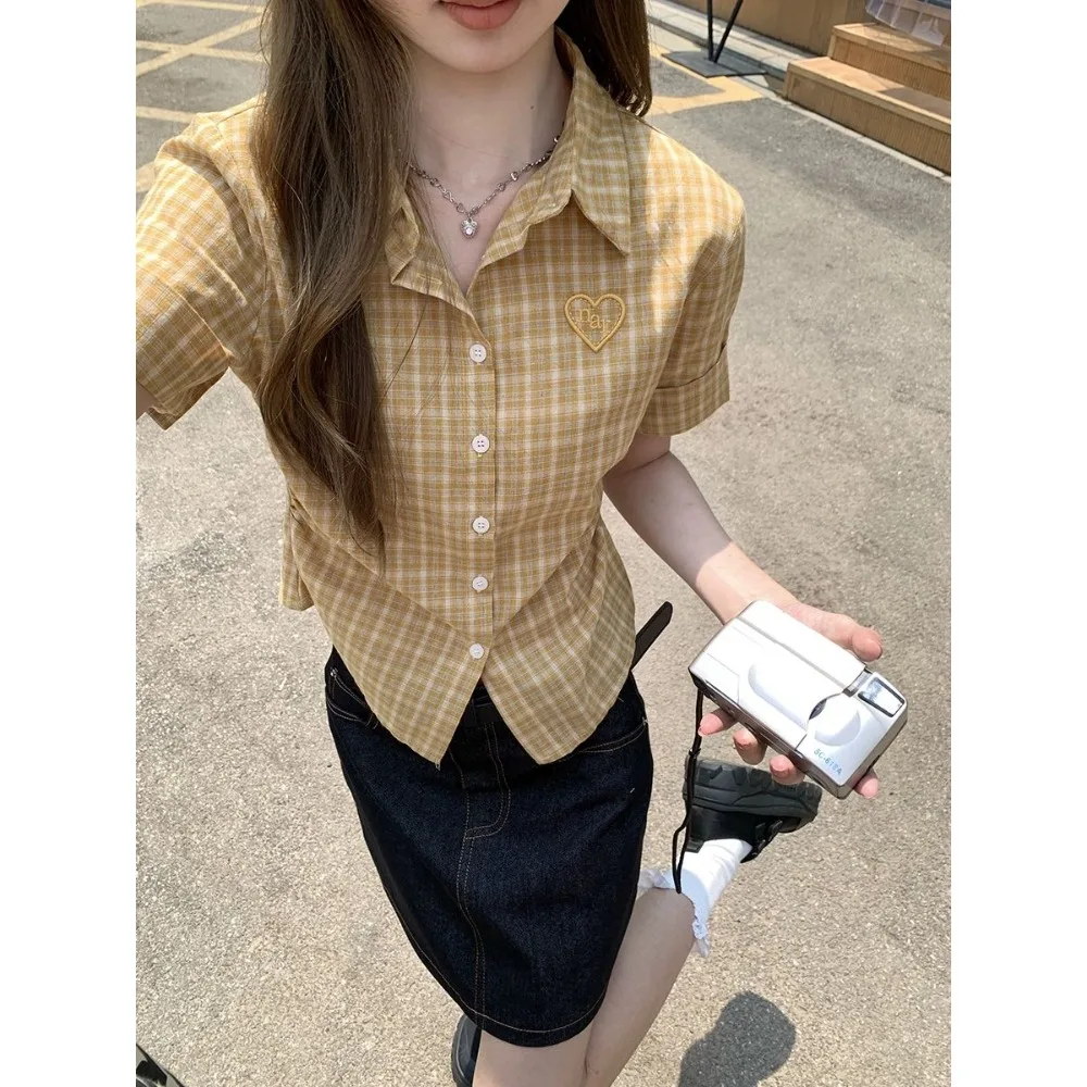 

Retro Polo Collar Waist Tie Heart Embroidery Check Short Sleeve Shirt