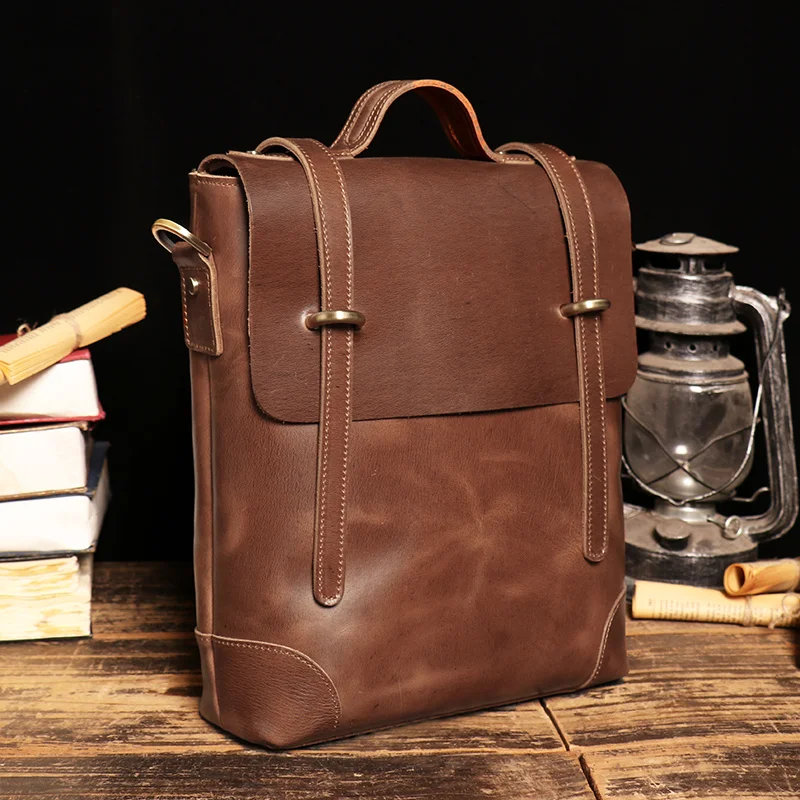 Tas Cambridge Gaya Inggris Retro Tas Messenger Kulit Sapi Crazy Horse Desain Fashion Tas Tangan Kulit Tas Tablet 12 Inci