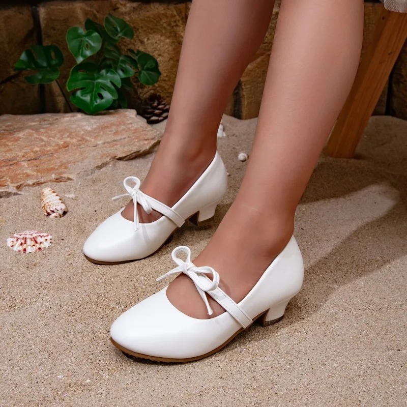 Children White High Heel Shoes Lolita Bowknot New Kids Catwalk Princess Shoes Non-slip Wedding Party Girl's Dress Leather Shoes