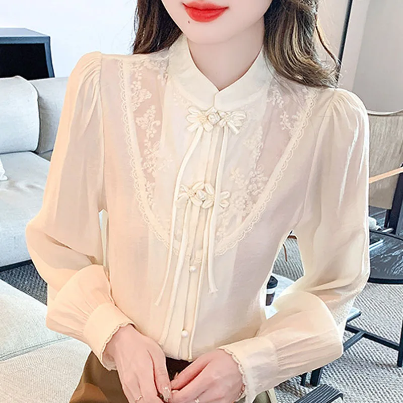 New Chinese Style Apricot Women Blouse Shirt Tops Blusas Mujer De Moda 2024 Long Sleeve Stand Collar Blouse Women Shirts H539