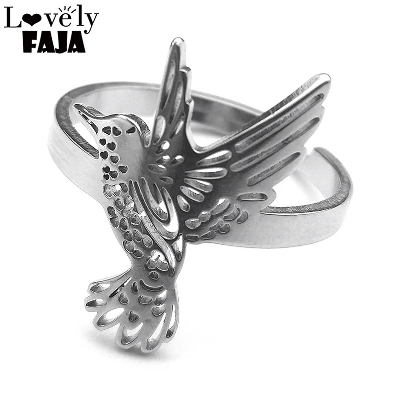 Anillo de acero inoxidable ajustable de colibrí, anillos de dedo de pájaro para hombres y mujeres, joyería de colibrí colibri, acero inoxidable RRRXXXS03