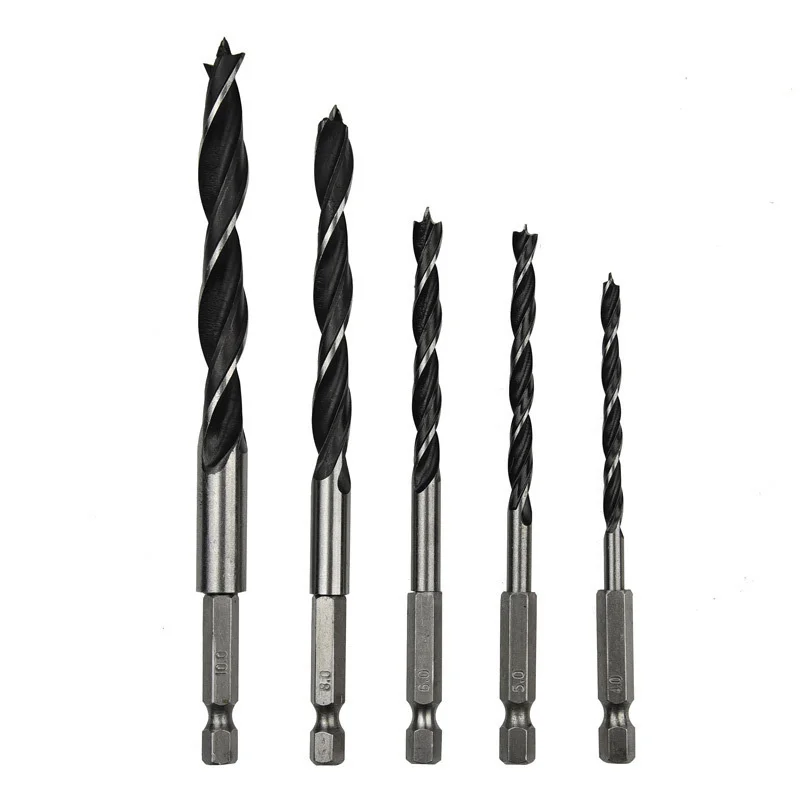 5pcs 1/4 4/5/6/8 10mm Hexagonal Handle Three Pointed Woodworki Drill Bit Set Woodworking Hole Reaming Power Tool