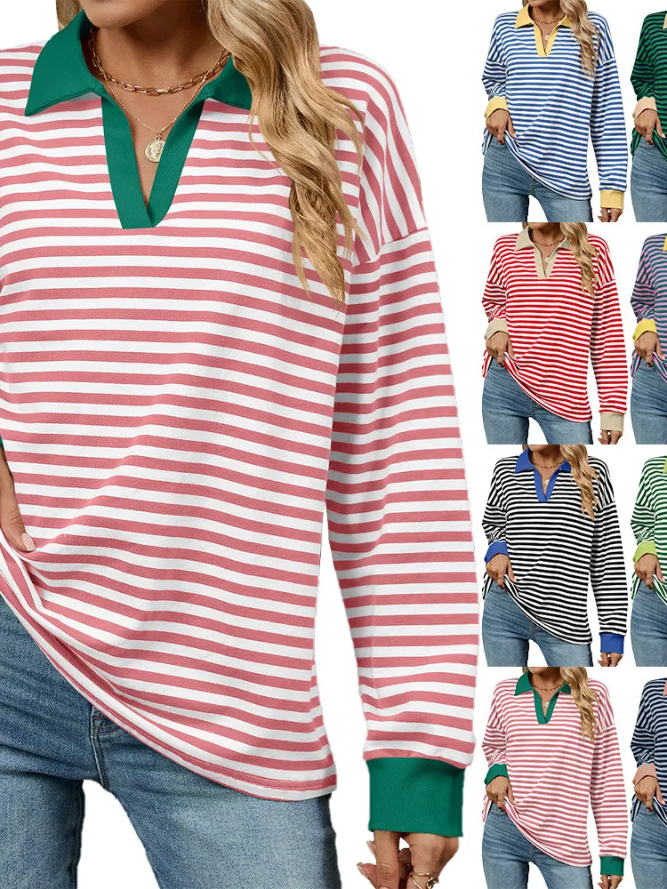 

Loose Long Sve Striped Sweatirt Color Blo Collar Street Sle Casual Women's Faion Summer Polyester Fiber